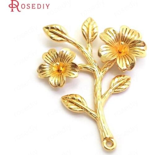 C409)6 pieces 36x28mm 24K Gold Color Brass Flower Branch Charms Pendants High Quality Jewelry Making Supplies