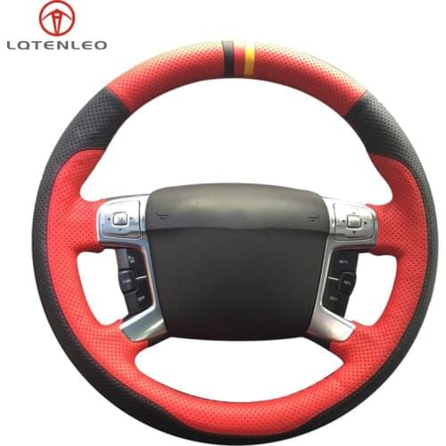 LQTENLEO Black Red Leather Steering Wheel Cover For Ford Mondeo Mk4 2007-2013 S-Max 2006-2011 Galaxy 2011 2012 2013 2014 2015