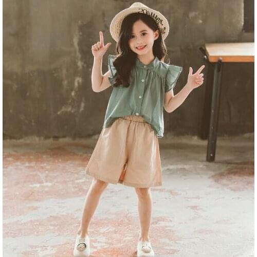 Children Clothing Set Summer Girls Flying Sleeve Shirt+Pants 2Pcs Sports Suits Kids Clothes Girls Outfits 6 8 10 12 Years