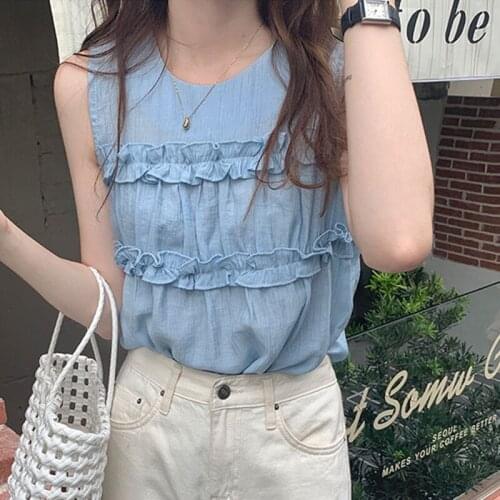 Sleevelss Summer Tank Tops Ruffles Loose Casual Korean Shirts Patchwork 4 Colors Streetwear Ins Cotton Sweet Girls Kawaii