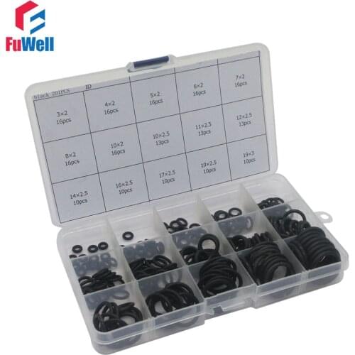 201pcs Black NBR O Ring Seal Kit 15 Different Sizes Rubber O-ring Gasket Set Good Oil Resistant Assortment Set with Plastic Case