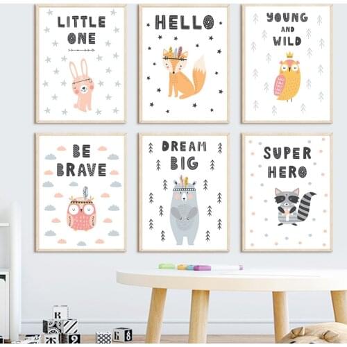 Bunny Fox Raccoon Owl Bear Nursery Wall Art Canvas Painting Nordic Posters And Prints Wall Pictures For Kids Kawaii Room Decor