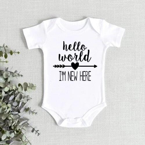 Hello World I'm New New Here Printed Newborn Baby Bodysuit Short Sleeve Pregnancy Announcement Baby Boys Girls Bodysuit Onesies