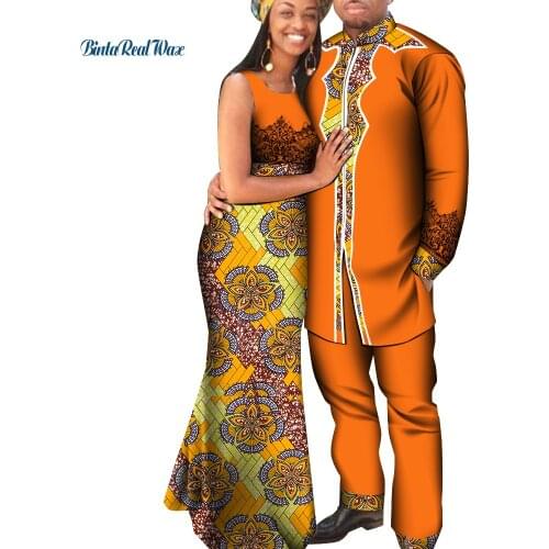 Lover Couples Clothes African Dresses for Women Bazin Mens Shirt and Pants Sets Print Yarn Dress African Design Clothing WYQ654
