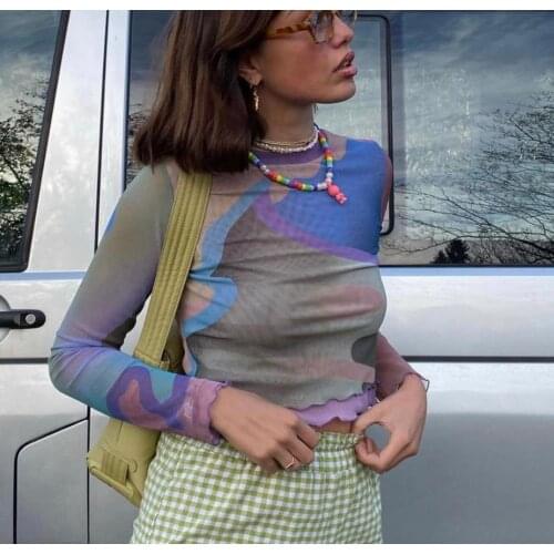 Autumn Fashion Womens Long Sleeve Ruffles Crop Tops Casual Printing T-Shirts Womens Girls Slim Fit Sheer Mesh Printed T-Shirt