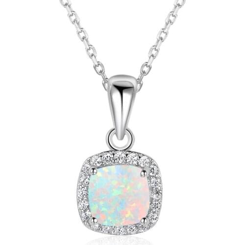 925 Sterling Silver Fire Opal Pendant Necklaces Cubic Zirconia Square White Opal Stone Necklace Gift for Women (Lam Hub Fong)