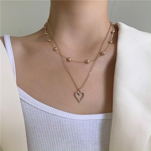 Gold Color Alloy Heart Chain Necklace Rhinestone Love Pendant Necklaces for Women Layered 2020 Fashion Jewelry New
