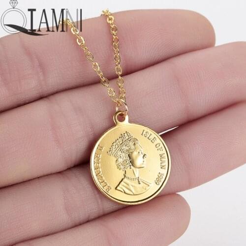 QIAMNI Gold Coin Necklace Sea Spirit Elizabeth Isle of Men Statement Necklace Lover Gifts Jewelry Charm Dropshipping