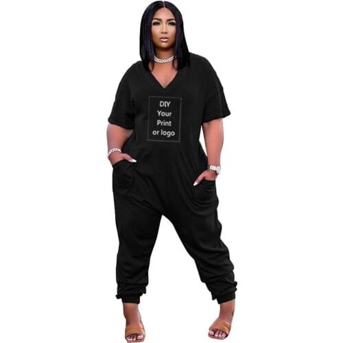 DIY Your like Photo or Logo Women Haren Jumpsuit V-neck Plus Size Streetwear Short Sleeve One piece Overall Bodycon Romper
