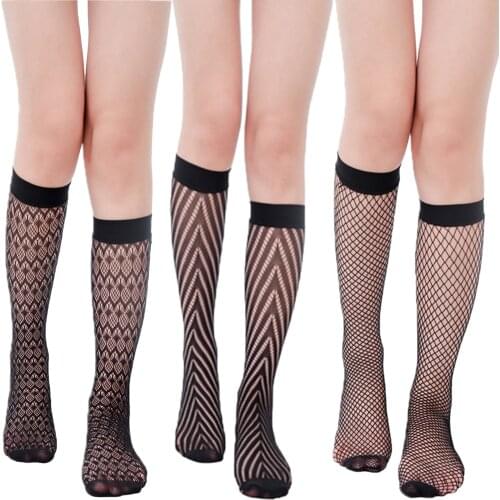 Sexy Women Lace Jacquard Knee High Stockings Ladies Hollow out Mesh Nets Anti-off Fishnet Stocking