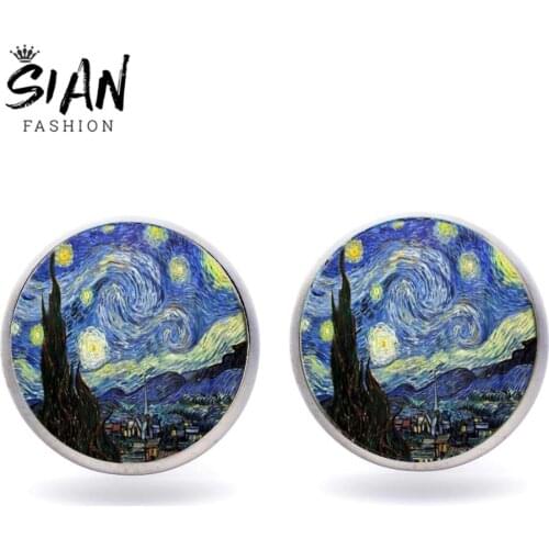 SIAN Van Gogh Painting Starry Night Sunflower Earrings Brand Fashion Jewelry Famous Artist Collection Ear Studs Handicrafts Gift