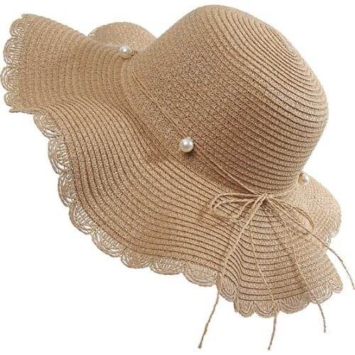 Straw Hat Womens Summer Wave Along Pearl Bow Big Hat Korean Version of Tourist Beach Sun Visor Hat
