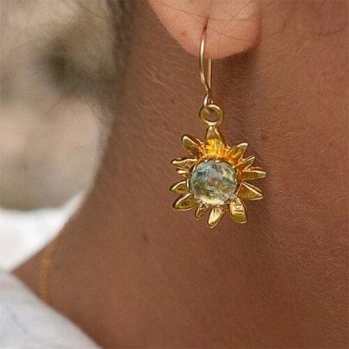 Vintage Jewelry - Yellow Sunflower Earrings with Blue Topaz Moonstone Daisy Flower Floral Sunflower Hook Earring Summer (Y-4F9V)