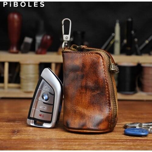Vintage Genuine Leather Key Wallet Portable Cowhide Smart Key Housekeeper Keys Holder Organizer Pocket Coin Purse With Zipper