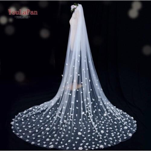 YouLaPan V20 Elegant Long Cathedral Wedding Veil with Flowers White Ivory Handmade Cut Edge Tulle for Bride 2020 New Arrival