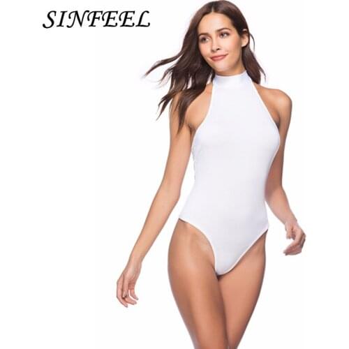 SINFEEL Sexy White Bodysuit Women Sleeveless Playsuit Backless Tie Back Summer Jumpsuit Short Rompers Womens Club Body Femme