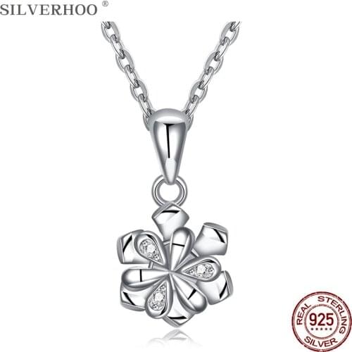 SILVERHOO 925 Sterling Silver Pendant Necklace For Women Fashion Flowers Can Rotate Austria Crystal Necklace Party Fine Jewelry