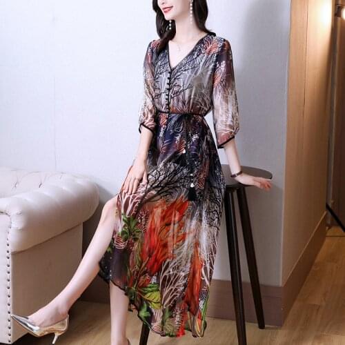 Boho Floral Mulberry Silk Maxi Dresses Summer Vintage Casual Print Beach Midi Sundress Women Elegant Large size Party Vestidos