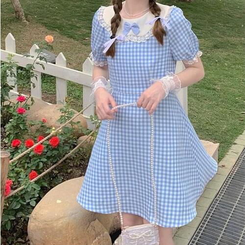 Women Dress Japanese Sweet Kawaii Lolita Dress Cute Girl Plaid Lace Princess Dress Tea Party Dresses Short-Sleeved Loli Dress