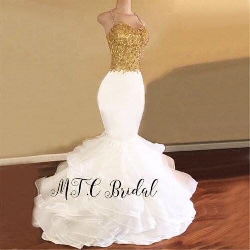 Hot Selling White Mermaid Evening Dress With Gold Lace Strapless Spaghetti Strap Tiered Organza Long Special Occasion Dresses