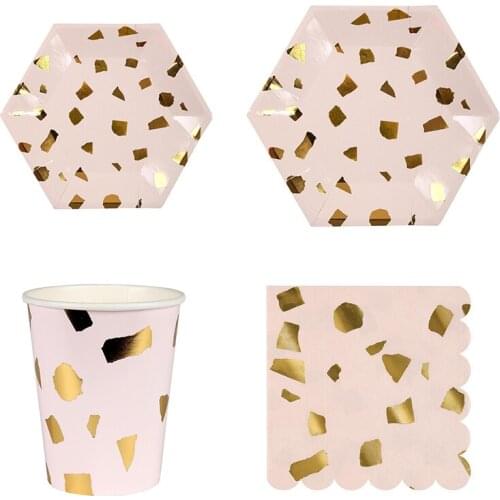 40Pcs Pink Disposable Tableware Gold Foil Paper Cup Plate Straws Birthday Wedding Party Decor Kids Baby Shower Party Supplies