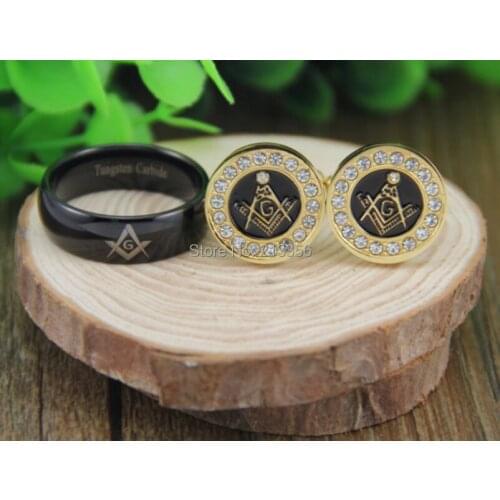 Free Shipping!USA Hot Sales E&C MENS LUXURY JEWELRY SET 8MM BLACK DOME MASON TUNGSTEN RING & GOLDEN STEEL MASONIC CUFFLINKS