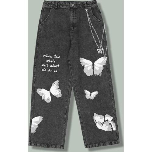 Hip Hop Butterfly Print Chain Jeans Mens Harajuku Letter Printing Casual Wide Leg Pants Autumn Baggy Joggers Straight Leg Pants