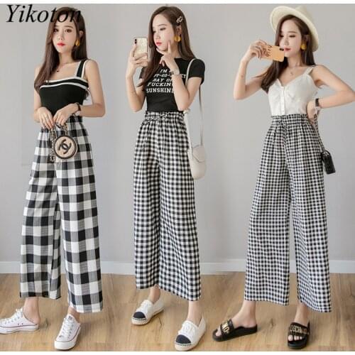 Wide Leg Pant Korean Fashion Pants For Women 2021 New Summer Elastic Waist Printed Dots Casual Women Pants Plaid Pants Harajuku