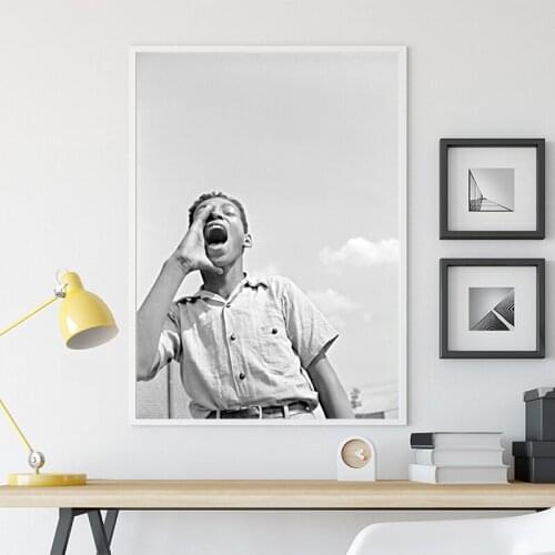 Black White African American Boy Shouting Photo Poster Canvas Print Old Photography Picture Painting Living Room Wall Art Decor