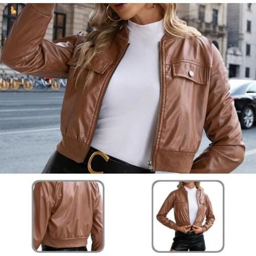 Elegant Coat Ribbing Solid Color Cool Stand Collar Solid Color Zipper Jacket