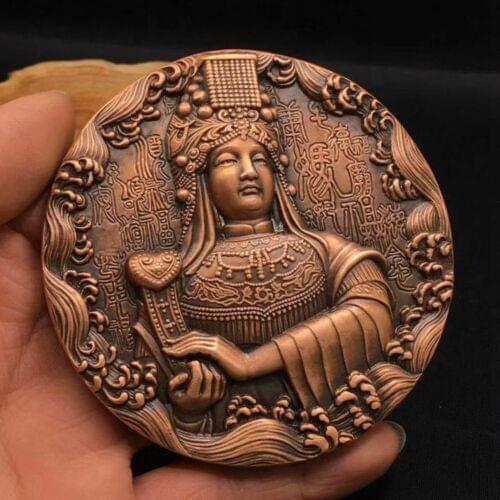 Collectable Old Pure Brass Commemorate Chapter Medal Carving MaZu Statue 89mm