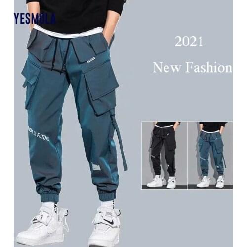 YESMOLA Overalls Mens Fashion Brand Loose Legged Pants Ribbon Multi Bag Casual Pants Autumn Sport Pants Hip Hop Streetwear Pant