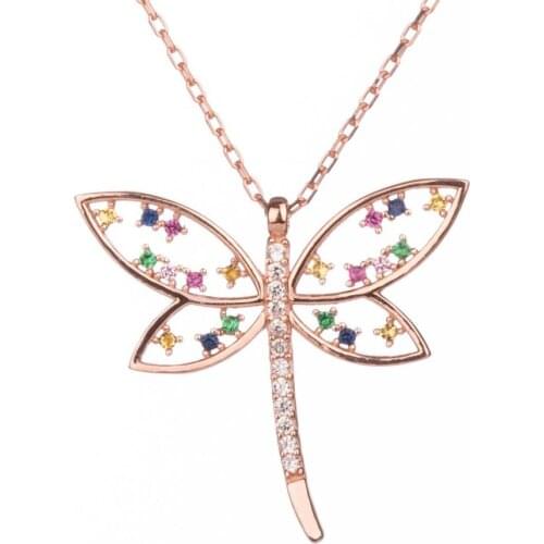 925 Sterling Silver Womens Dragonfly Necklace with Colourful Stones Womens Pendant Necklace Chain Necklace Animal Necklace