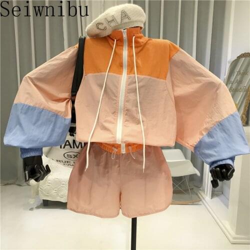 2020 Summer New Lantern Sleeve Contrast Color Jacket Stand Collar Coats High Waist Shorts Female Track Clothing 2 Piece