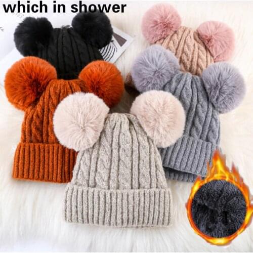 Fashion Women Two Faux Rabbit Fur Pompom Winter Hat Cap Thickened Warm Plus Velvet Double Pom Pom Cable Knitted Skullies Beanie