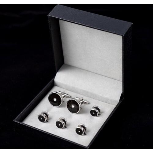 Trendy Black Enamel Cufflinks Studs Set with Gift Box Round Shape Cufflinks Rhinestone Decoration Tuxedo Shirt Men Jewelry Gift