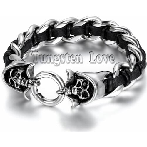 25cm Punk Stainless Steel Mens Skull Curb Chain Bracelet Interwoven with Black Genuine Leather Braided Bracelet pulseira couro