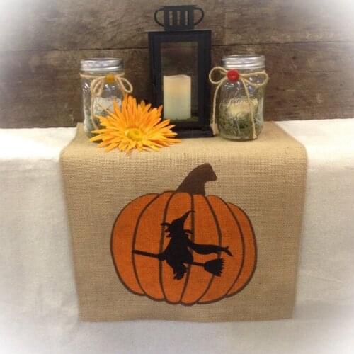 Pumpkin witch Burlap Table Runner Halloween Family Dinner Fall Holiday party centerpiece rustic farm Birthday decoration favor