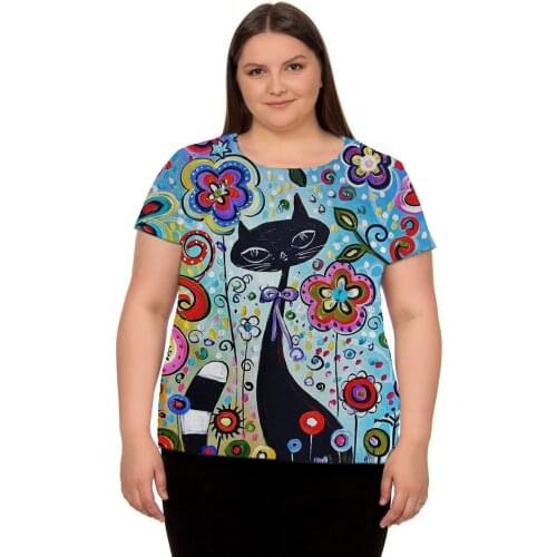 New Women Cartoon Cat Print T Shirt Summer Short Sleeve Round Neck Tops Casual Streetwear Ladies Shirt Plus Size 3XL 4XL 5XL 6XL