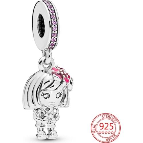 New Arrivals 925 Sterling Silver Pink Enamel Floral Girl Charm Fit Pandora Bracelet DIY Jewelry Gift