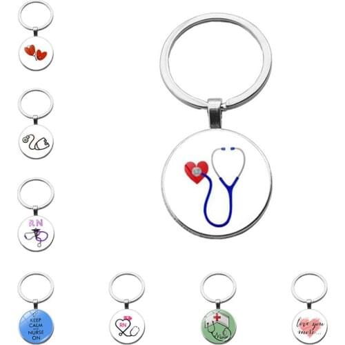 New Nurse Medical Syringe Stethoscope Image Keychain Classic Time Gem Key Ring Pendant Small Jewelry
