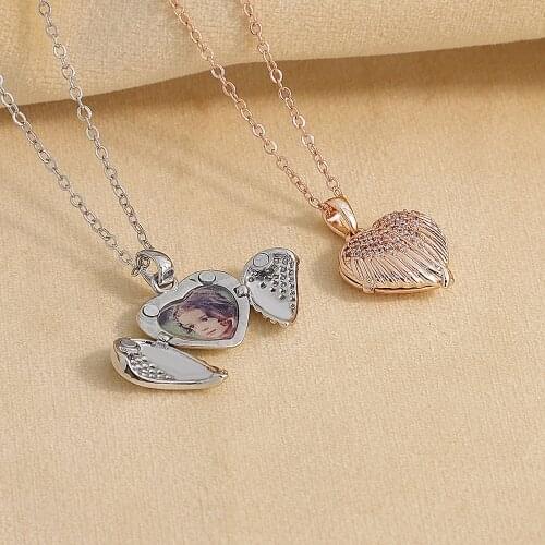 Personalized with Your Photos Heart Locket Necklace for Women Rose Gold/Goldtone Engraved Message Custom Wing Memory Rhinestone
