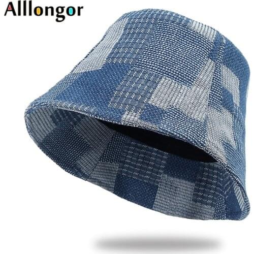 Panama Bucket Hat Women Men Korean Fashion New 2021 Spring Summer Plaid Chapeau Bob Femme Hip Hop Caps Denim fisherman Sun Hats