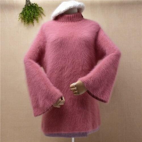 Ladies women fall winter fashion hairy angora rabbit fur knitted long sleeves turtleneck oversized loose pullover jumper sweater