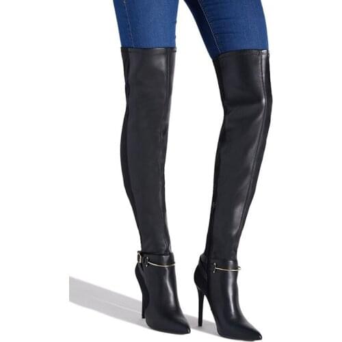 Newest Metal Buckle Maroon Black Stretch Leather Over The Knee Boots Women Pointed Toe Thigh Boots High Heel Botas