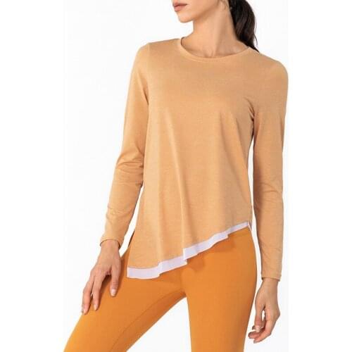 Loose Mesh Stitching Long Sleeve Fitness Sport Shirts Women Crew Neck Asymmetrical Hem Leisure Yoga Workout Pullover Tops S-XXL
