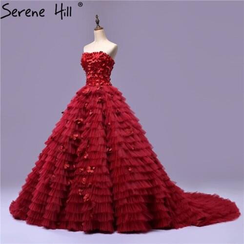 High Quality Burgundy Tiered Strapless Evening Dresses 2020 Real Photo Handmade Flower Ball Gown Party Gown Robe De Soiree