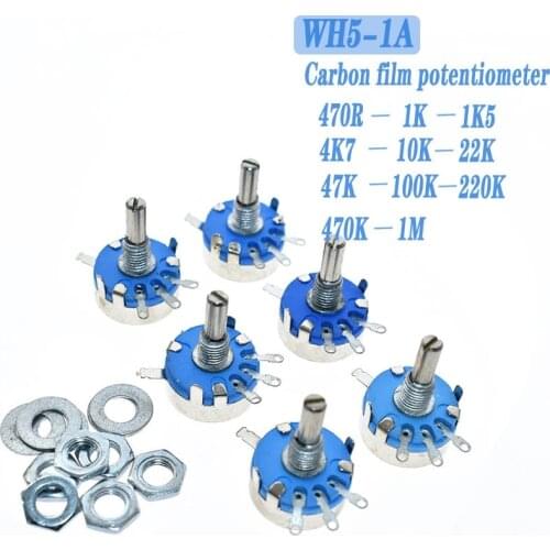 WH5-1A Carbon Potentiometer 1K 2K 10K 47K 4K7 470R 100K 470K 220K 1K5 22K 1M ohm 3-Terminals Round Shaft Rotary Taper WH5
