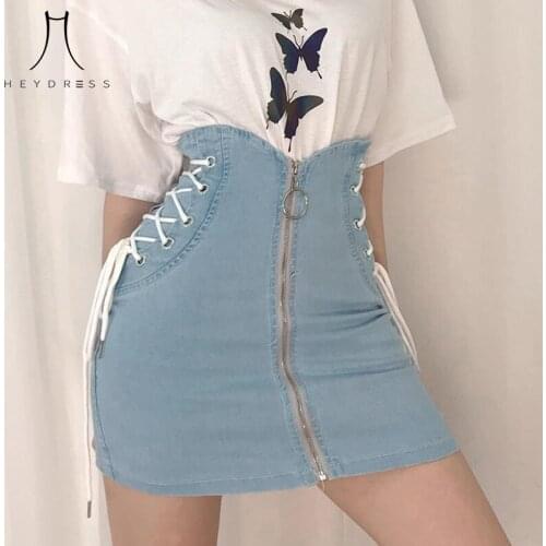 Heydress Temperament Elegant Slim A Line Skirt summer Trendy Fashion High Waist Denim Faldas Side Cross Lacing Zipper Skirts