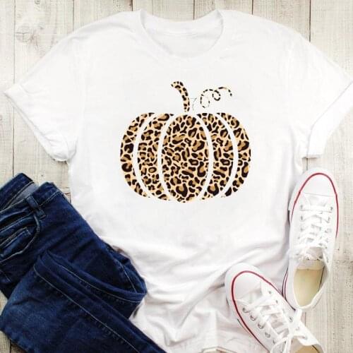 Leopard Pumpkin Cute 2021 Halloween Thanksgiving Happy Fall Autumn Graphic Print Tees Women Tops Tshirt Cartoon Female T-Shirt